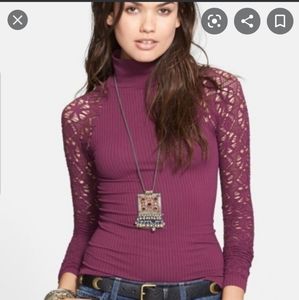 Free people purple turtleneck with lace sleeves